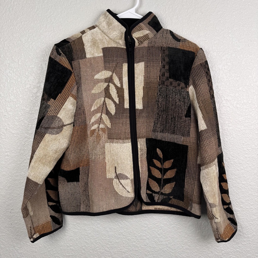 Coldwater Creek Jacket Womens Petite Medium Brown Black Tapestry Zip USA Leaf